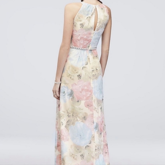 Butter Yellow Print Chiffon Sheath Beaded Waist Pastel Maxi Floral Evening Dress - Picture 2 of 9